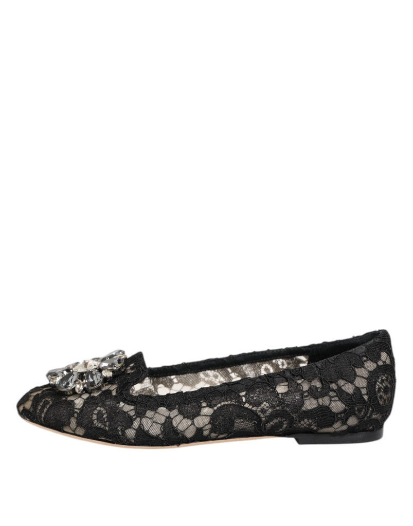Dolce & Gabbana Black Taormina Lace Crystals Flats Shoes - Beyzy Store - Dolce & Gabbana