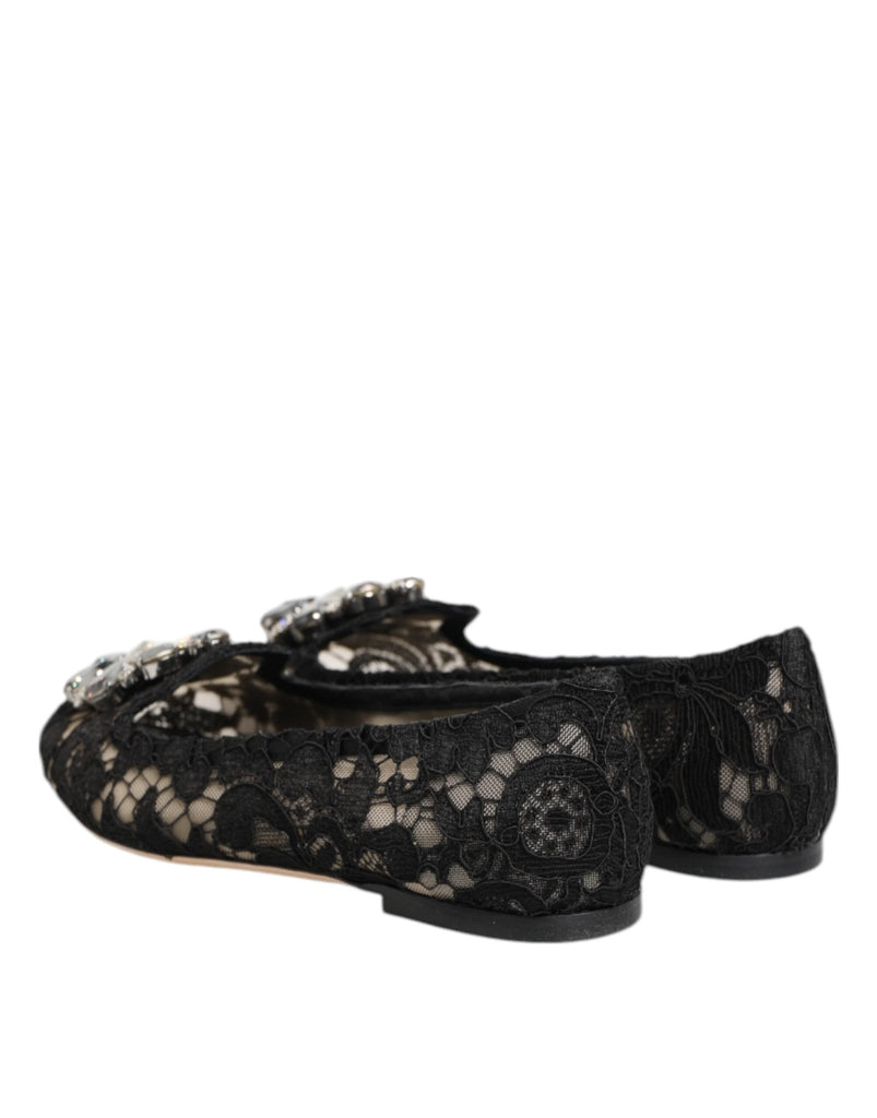 Dolce & Gabbana Black Taormina Lace Crystals Flats Shoes - Beyzy Store - Dolce & Gabbana
