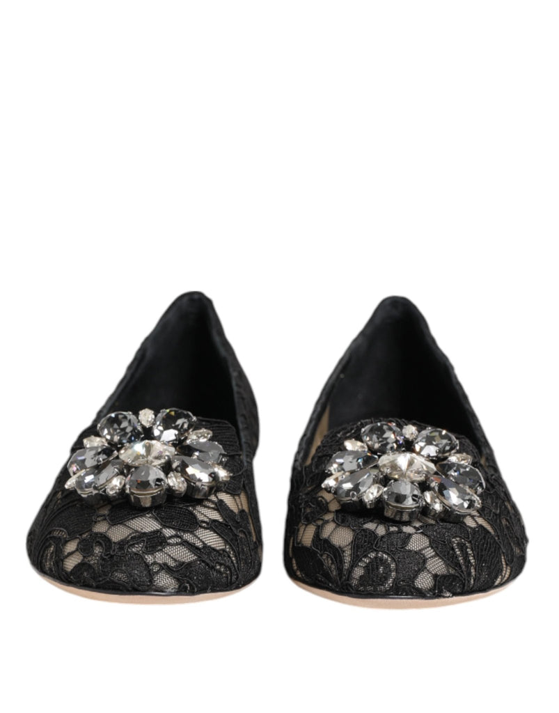 Dolce & Gabbana Black Taormina Lace Crystals Flats Shoes - Beyzy Store - Dolce & Gabbana