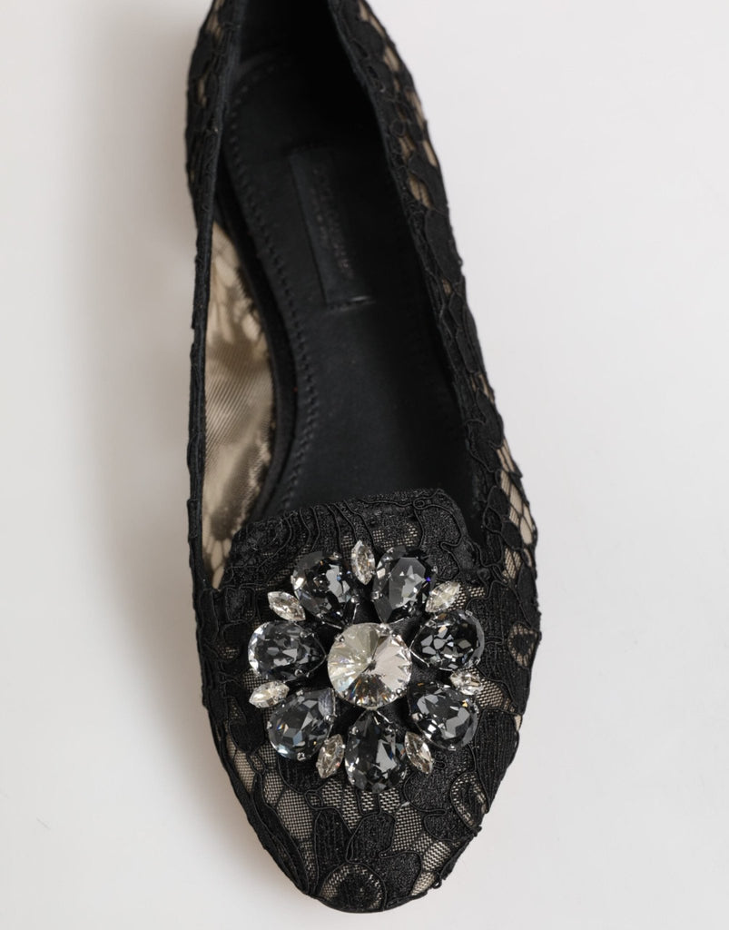Dolce & Gabbana Black Taormina Lace Crystals Flats Shoes - Beyzy Store - Dolce & Gabbana