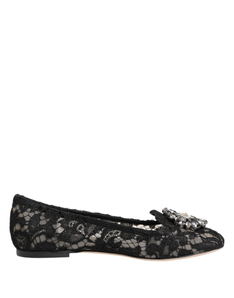 Dolce & Gabbana Black Taormina Lace Crystals Flats Shoes - Beyzy Store - Dolce & Gabbana