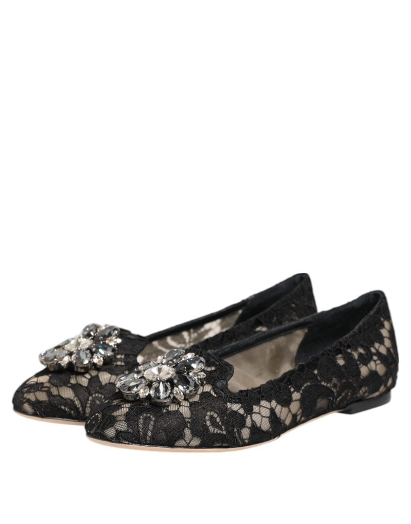 Dolce & Gabbana Black Taormina Lace Crystals Flats Shoes - Beyzy Store - Dolce & Gabbana