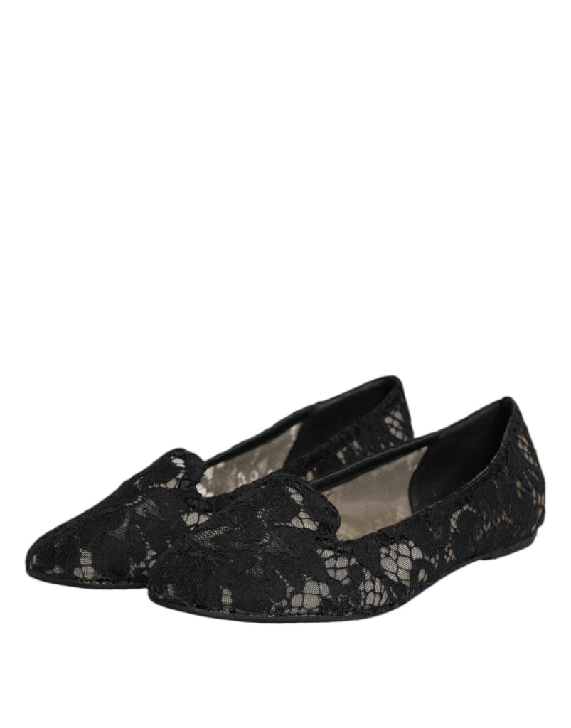 Dolce & Gabbana Black Taormina Lace Slip On Flats Shoes - Beyzy Store - Dolce & Gabbana