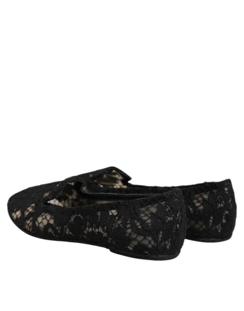 Dolce & Gabbana Black Taormina Lace Slip On Flats Shoes - Beyzy Store - Dolce & Gabbana