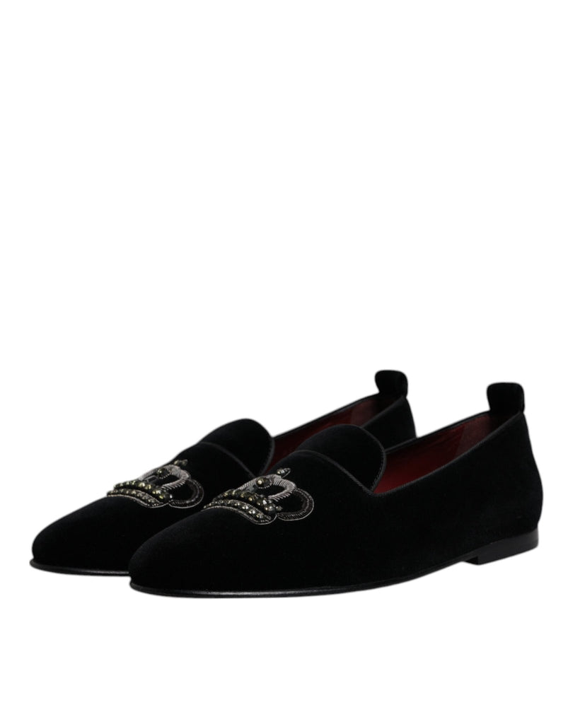 Dolce & Gabbana Black Velvet Crystal Crown Loafers Formal Dress Shoes - Beyzy Store - Dolce & Gabbana