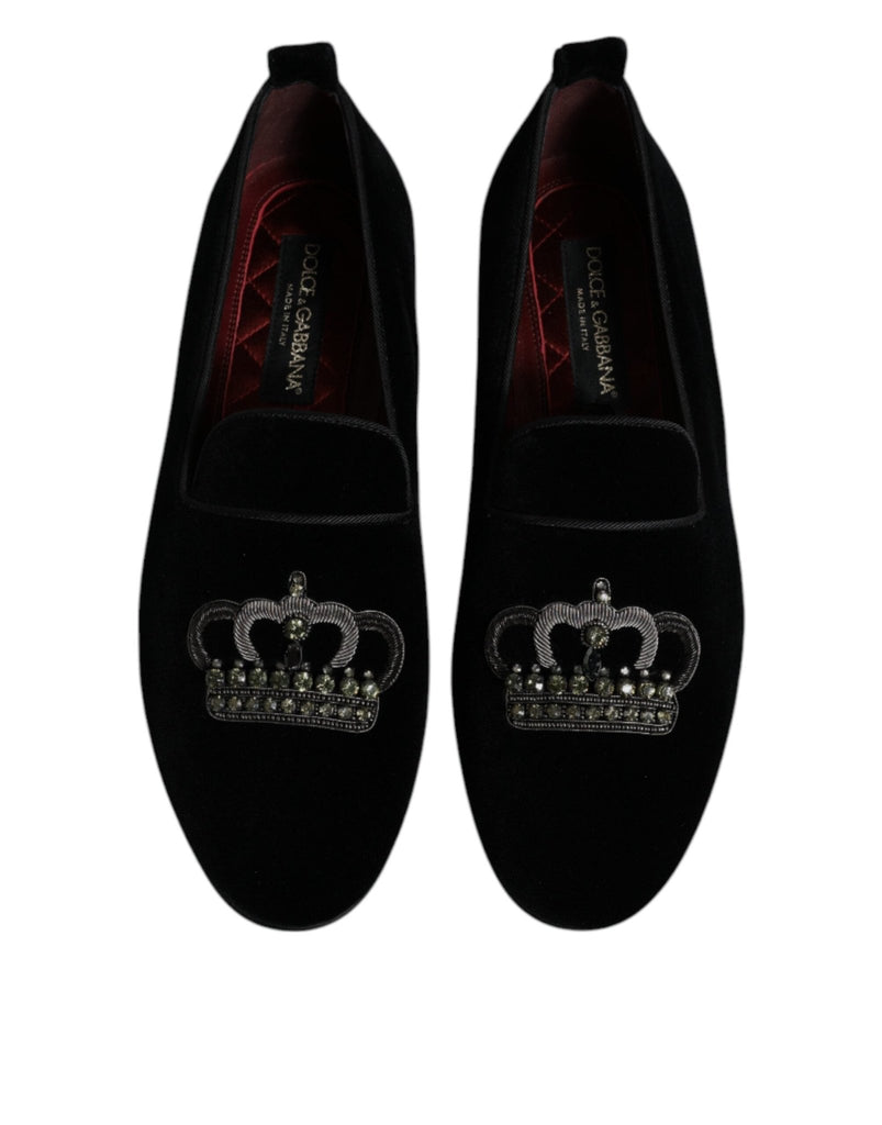 Dolce & Gabbana Black Velvet Crystal Crown Loafers Formal Dress Shoes - Beyzy Store - Dolce & Gabbana