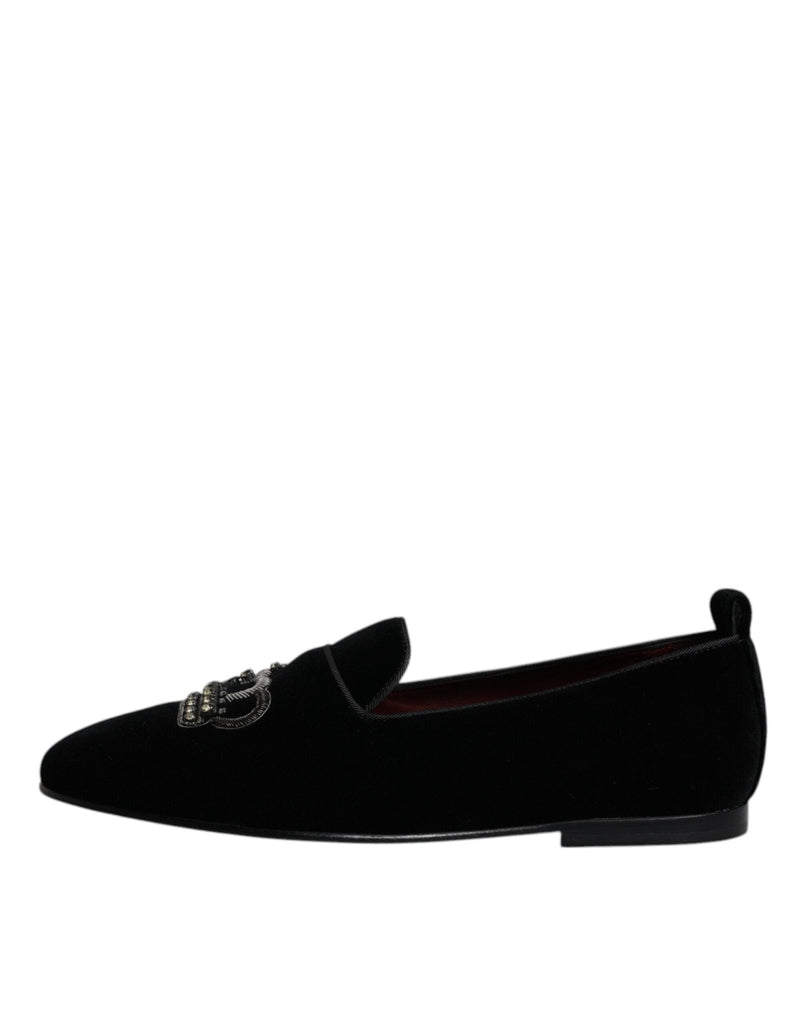 Dolce & Gabbana Black Velvet Crystal Crown Loafers Formal Dress Shoes - Beyzy Store - Dolce & Gabbana