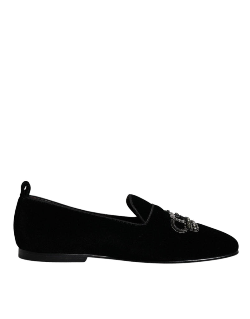 Dolce & Gabbana Black Velvet Crystal Crown Loafers Formal Dress Shoes - Beyzy Store - Dolce & Gabbana