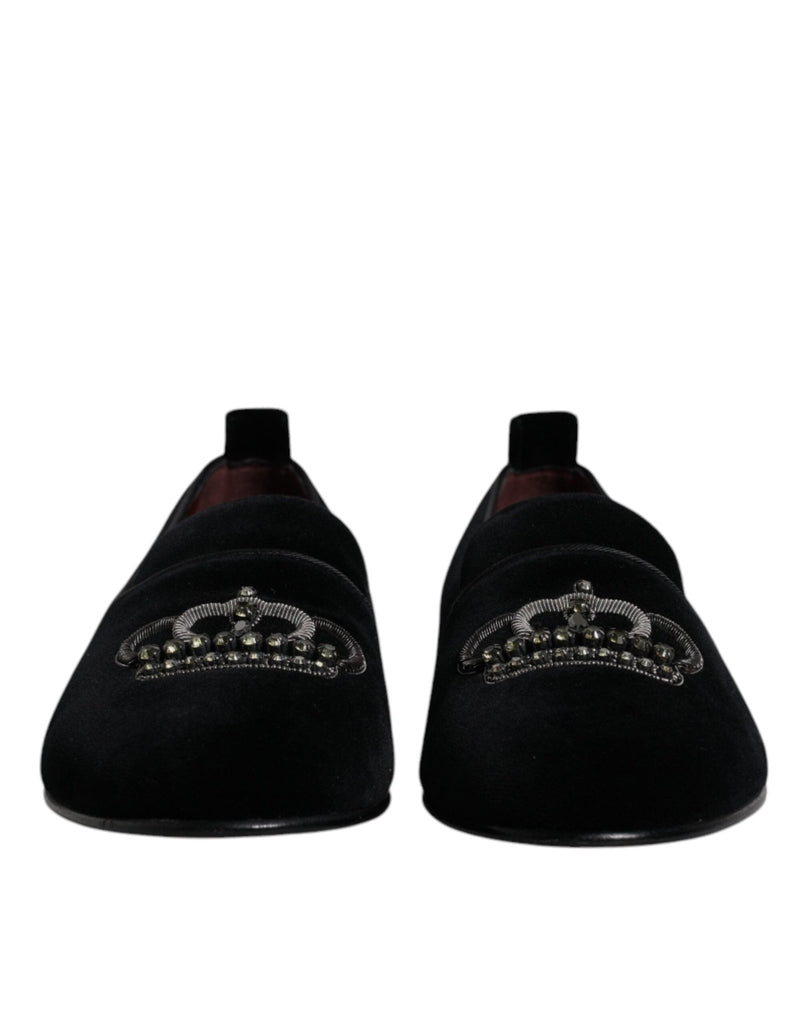 Dolce & Gabbana Black Velvet Crystal Crown Loafers Formal Dress Shoes - Beyzy Store - Dolce & Gabbana