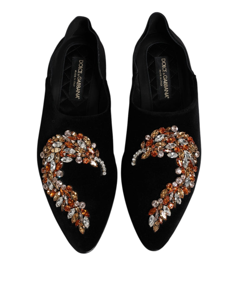 Dolce & Gabbana Black Velvet Embellished Loafer Slip On Shoes - Beyzy Store - Dolce & Gabbana