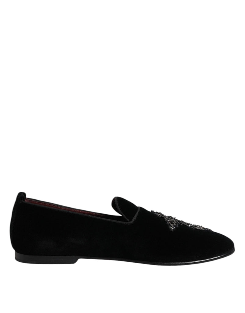 Dolce & Gabbana Black Velvet Embellished Loafer Slip On Shoes - Beyzy Store - Dolce & Gabbana