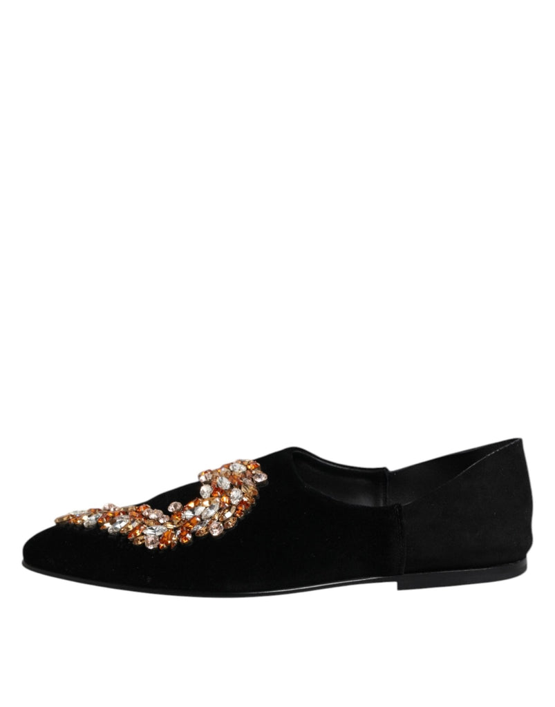 Dolce & Gabbana Black Velvet Embellished Loafer Slip On Shoes - Beyzy Store - Dolce & Gabbana
