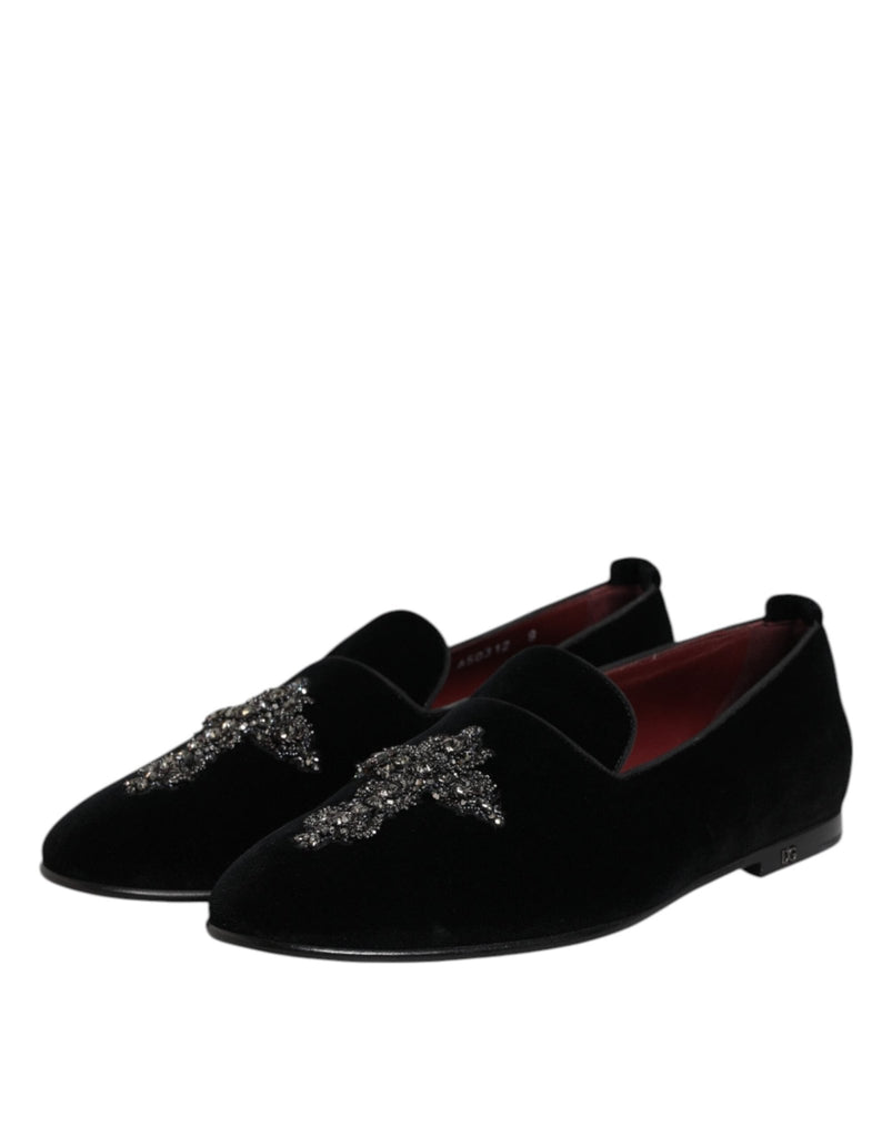Dolce & Gabbana Black Velvet Embellished Loafer Slip On Shoes - Beyzy Store - Dolce & Gabbana