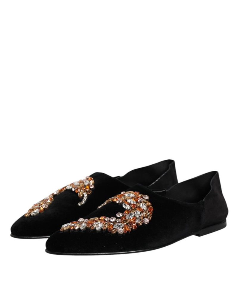 Dolce & Gabbana Black Velvet Embellished Loafer Slip On Shoes - Beyzy Store - Dolce & Gabbana