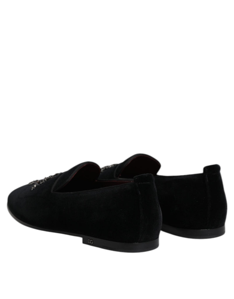 Dolce & Gabbana Black Velvet Embellished Loafer Slip On Shoes - Beyzy Store - Dolce & Gabbana