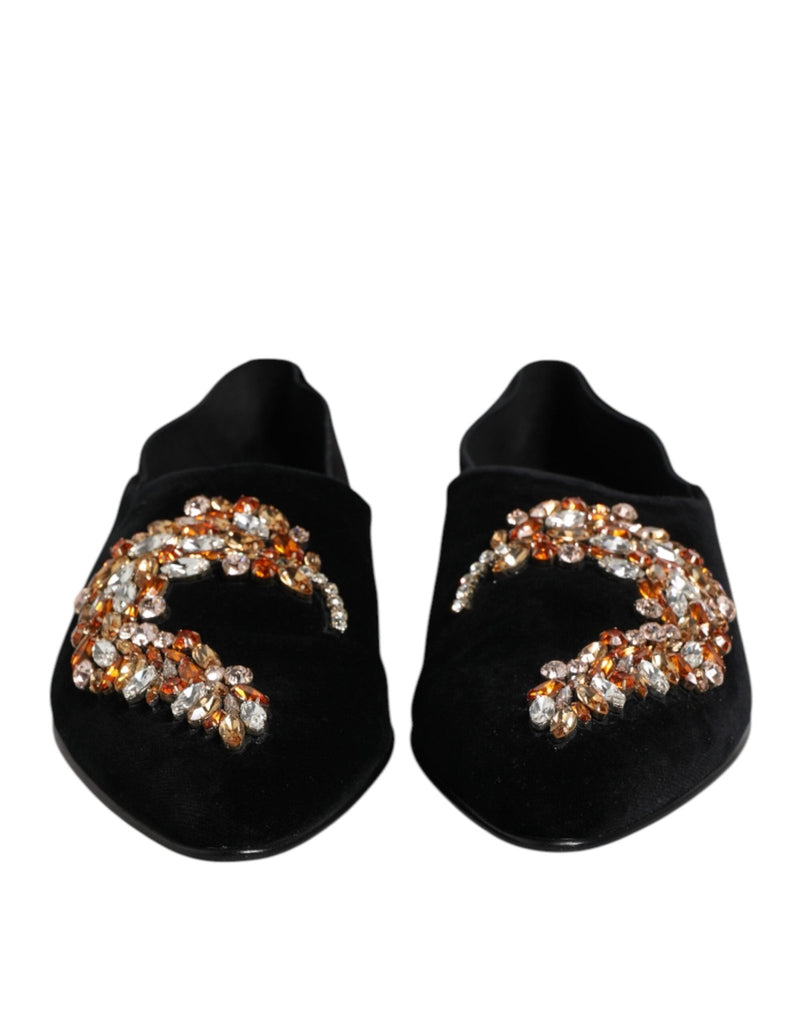 Dolce & Gabbana Black Velvet Embellished Loafer Slip On Shoes - Beyzy Store - Dolce & Gabbana