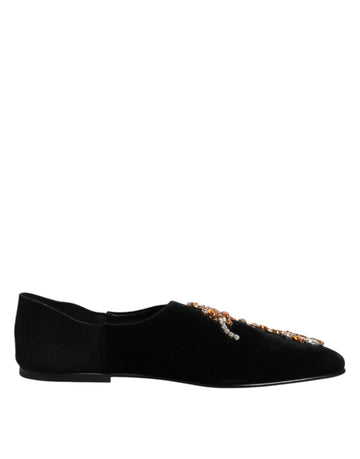 Dolce & Gabbana Black Velvet Embellished Loafer Slip On Shoes - Beyzy Store - Dolce & Gabbana