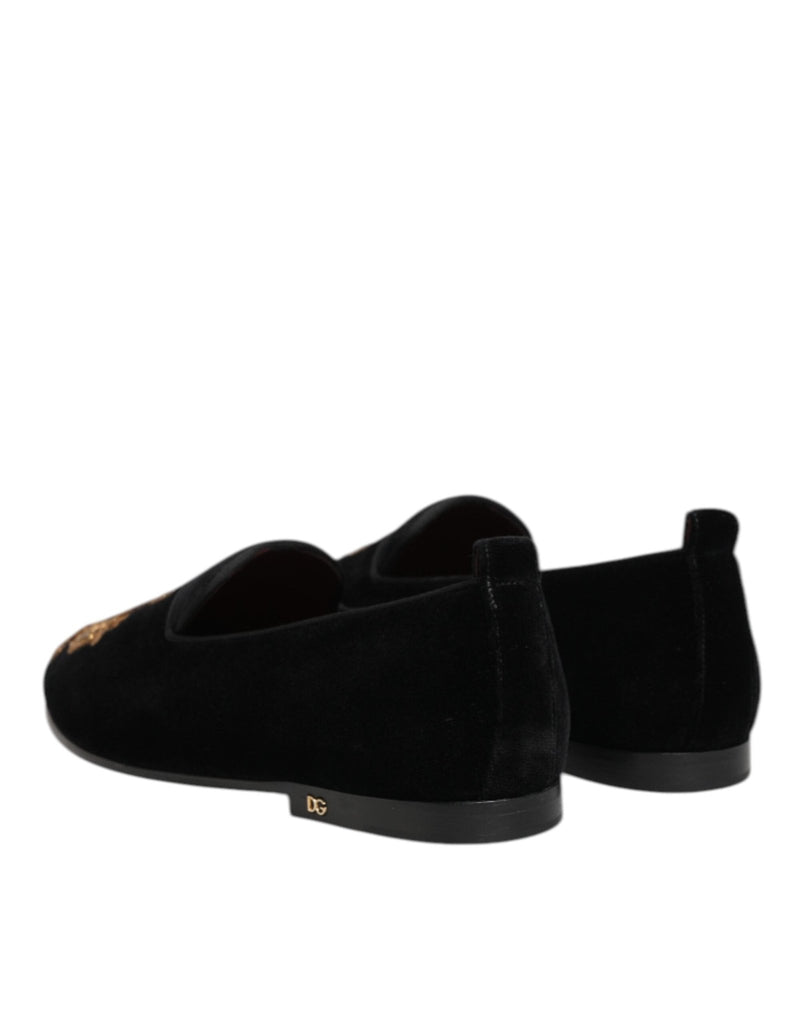 Dolce & Gabbana Black Velvet Gold Crown Mens Loafers Shoes - Beyzy Store - Dolce & Gabbana