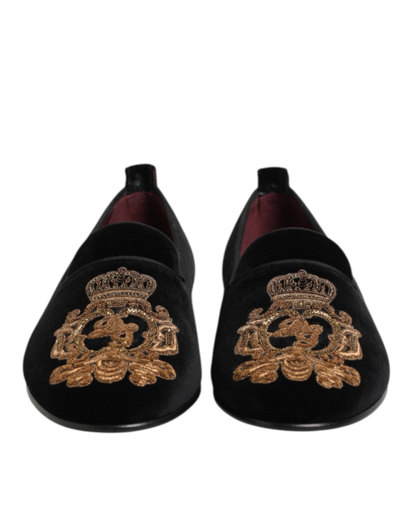Dolce & Gabbana Black Velvet Gold Crown Mens Loafers Shoes - Beyzy Store - Dolce & Gabbana