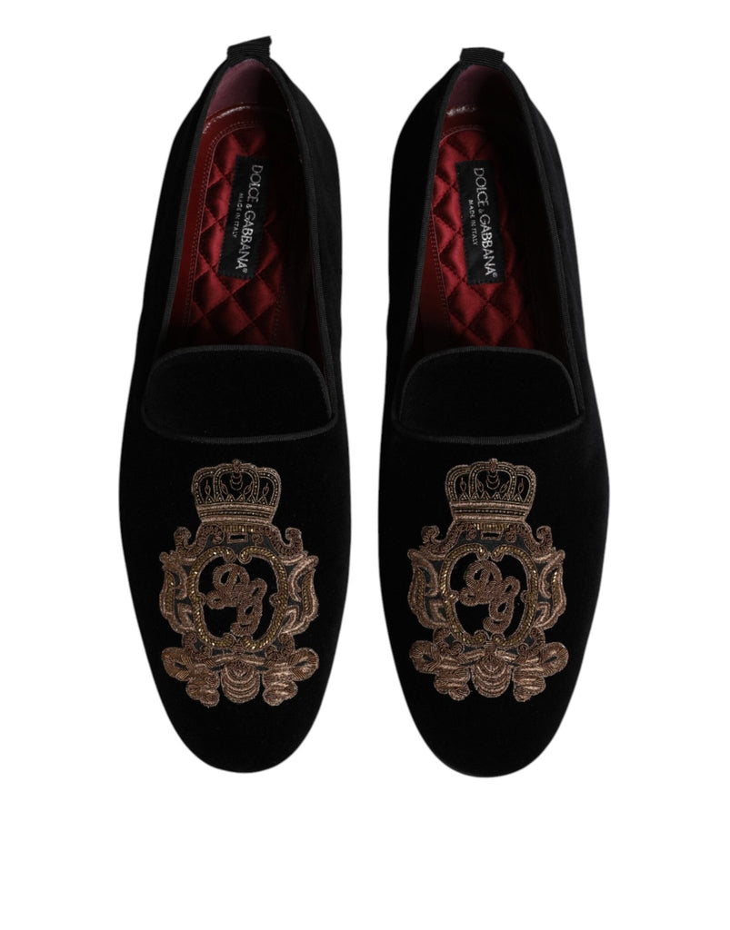 Dolce & Gabbana Black Velvet Gold Crown Mens Loafers Shoes - Beyzy Store - Dolce & Gabbana