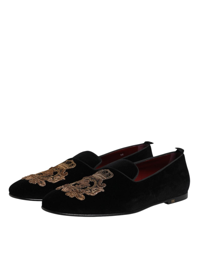 Dolce & Gabbana Black Velvet Gold Crown Mens Loafers Shoes - Beyzy Store - Dolce & Gabbana