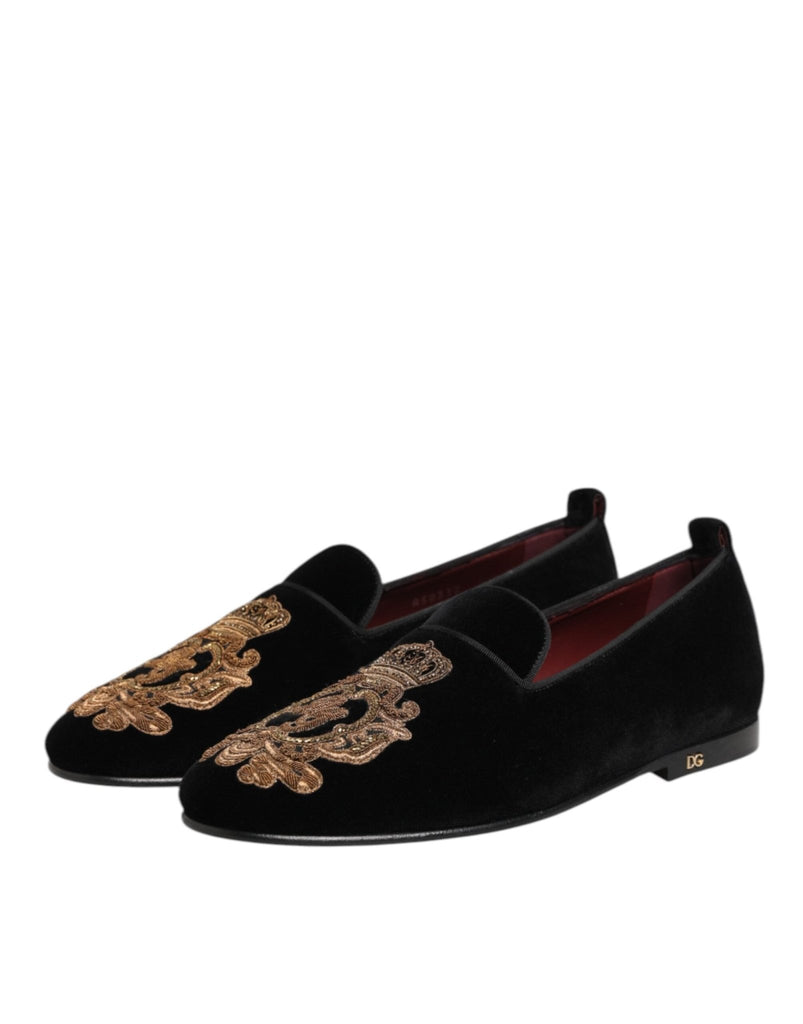 Dolce & Gabbana Black Velvet Gold Crown Mens Loafers Shoes - Beyzy Store - Dolce & Gabbana