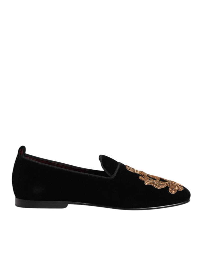Dolce & Gabbana Black Velvet Gold Crown Mens Loafers Shoes - Beyzy Store - Dolce & Gabbana