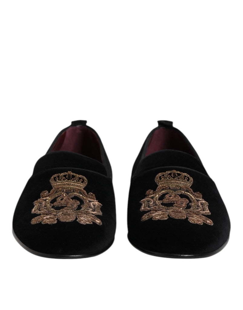 Dolce & Gabbana Black Velvet Gold Crown Mens Loafers Shoes - Beyzy Store - Dolce & Gabbana