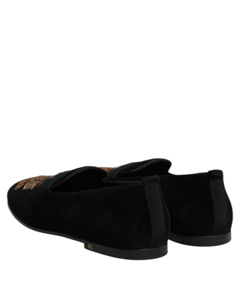 Dolce & Gabbana Black Velvet Gold Crown Mens Loafers Shoes - Beyzy Store - Dolce & Gabbana