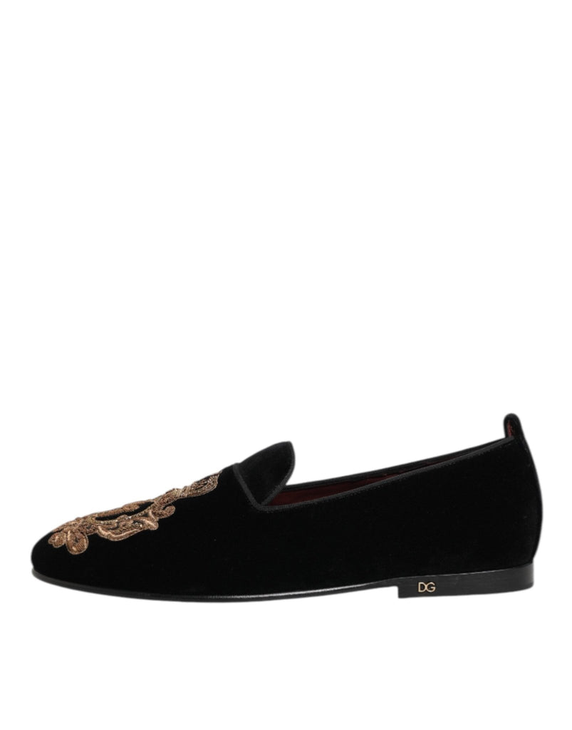Dolce & Gabbana Black Velvet Gold Crown Mens Loafers Shoes - Beyzy Store - Dolce & Gabbana
