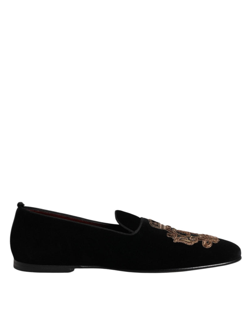 Dolce & Gabbana Black Velvet Gold Crown Mens Loafers Shoes - Beyzy Store - Dolce & Gabbana