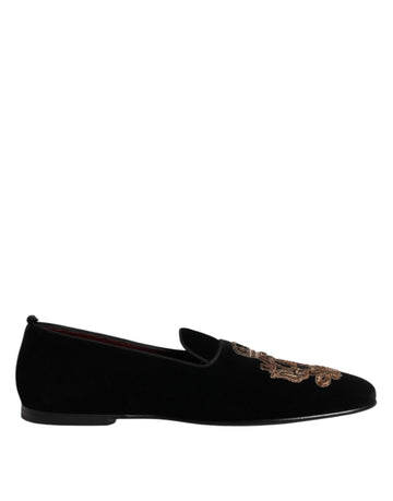 Dolce & Gabbana Black Velvet Gold Crown Mens Loafers Shoes - Beyzy Store - Dolce & Gabbana