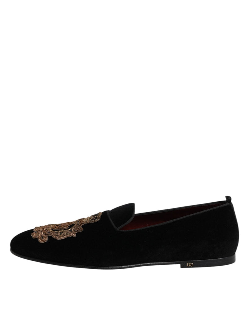 Dolce & Gabbana Black Velvet Gold Crown Mens Loafers Shoes - Beyzy Store - Dolce & Gabbana