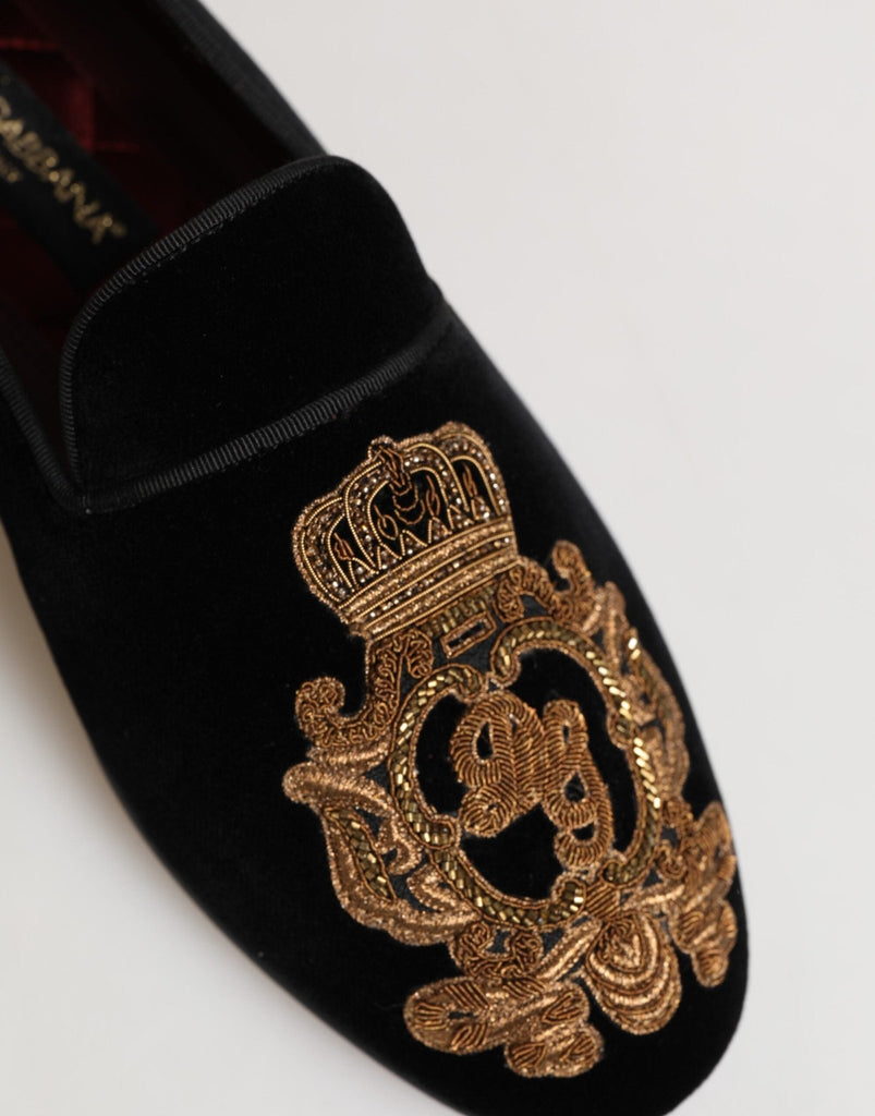 Dolce & Gabbana Black Velvet Gold Crown Mens Loafers Shoes - Beyzy Store - Dolce & Gabbana