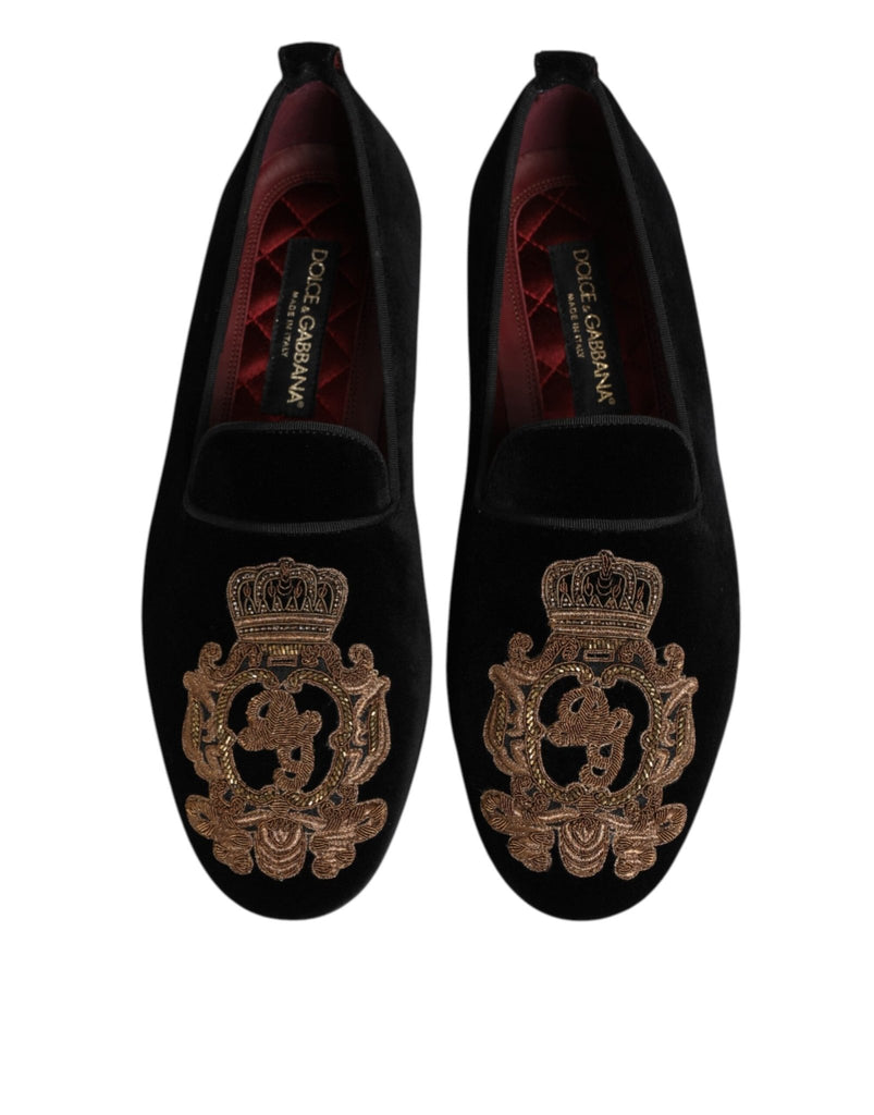 Dolce & Gabbana Black Velvet Gold Crown Mens Loafers Shoes - Beyzy Store - Dolce & Gabbana