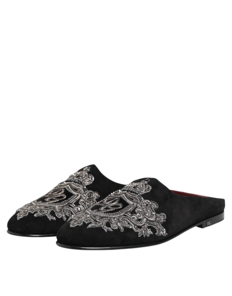 Dolce & Gabbana Black Velvet Slides DG Crown Slipper Shoes - Beyzy Store - Dolce & Gabbana