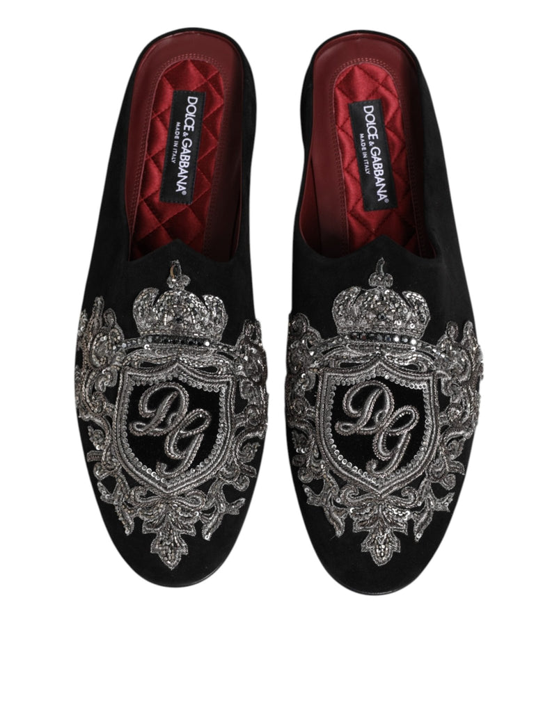 Dolce & Gabbana Black Velvet Slides DG Crown Slipper Shoes - Beyzy Store - Dolce & Gabbana