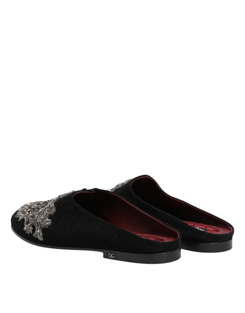 Dolce & Gabbana Black Velvet Slides DG Crown Slipper Shoes - Beyzy Store - Dolce & Gabbana