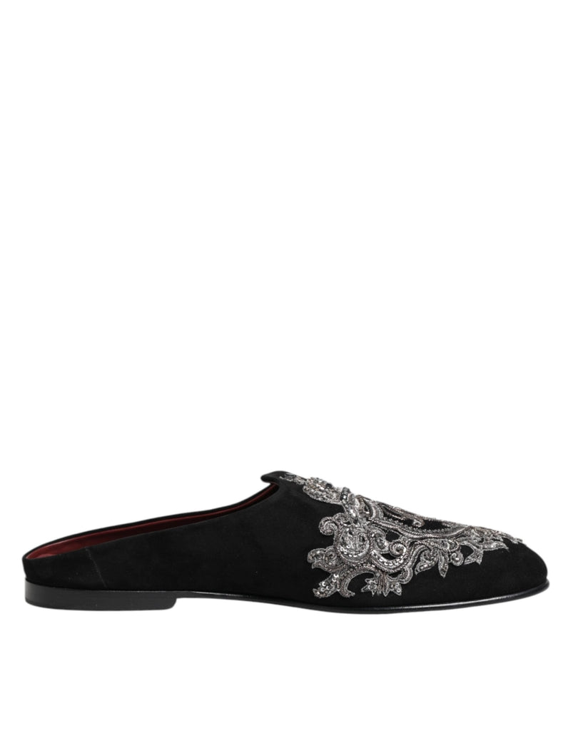Dolce & Gabbana Black Velvet Slides DG Crown Slipper Shoes - Beyzy Store - Dolce & Gabbana