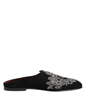 Dolce & Gabbana Black Velvet Slides DG Crown Slipper Shoes - Beyzy Store - Dolce & Gabbana
