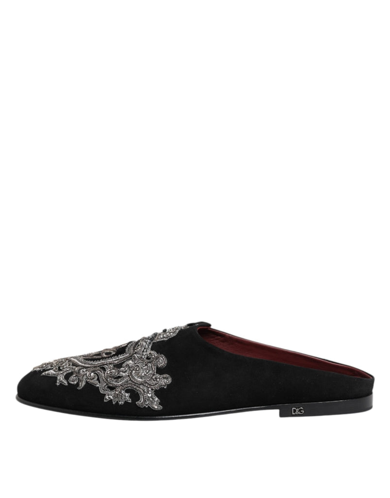 Dolce & Gabbana Black Velvet Slides DG Crown Slipper Shoes - Beyzy Store - Dolce & Gabbana