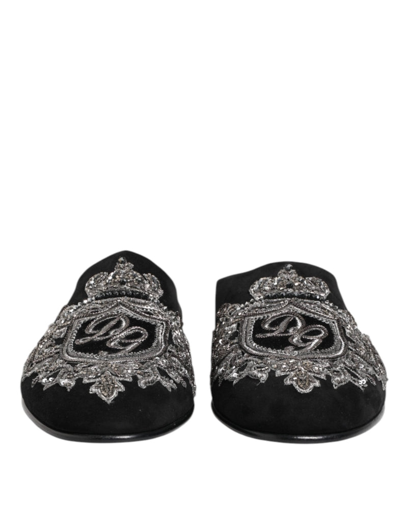 Dolce & Gabbana Black Velvet Slides DG Crown Slipper Shoes - Beyzy Store - Dolce & Gabbana