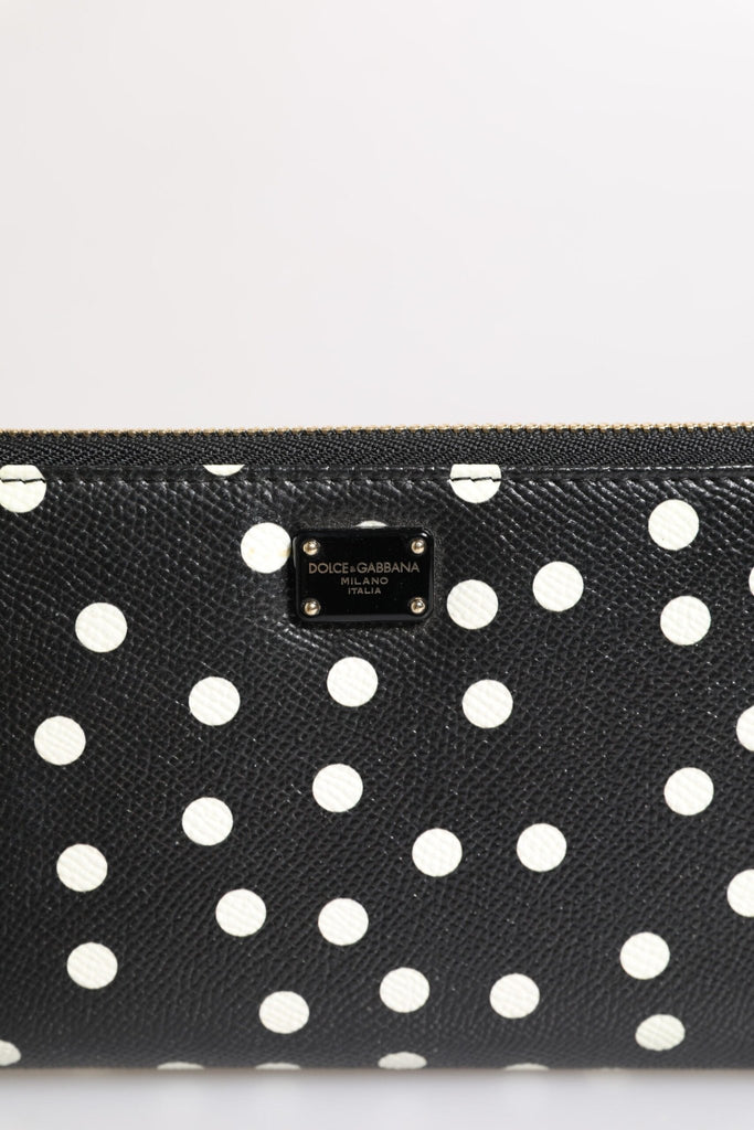 Dolce & Gabbana Black White Dotted Leather Zip Around Continental Wallet - Beyzy Store - Dolce & Gabbana