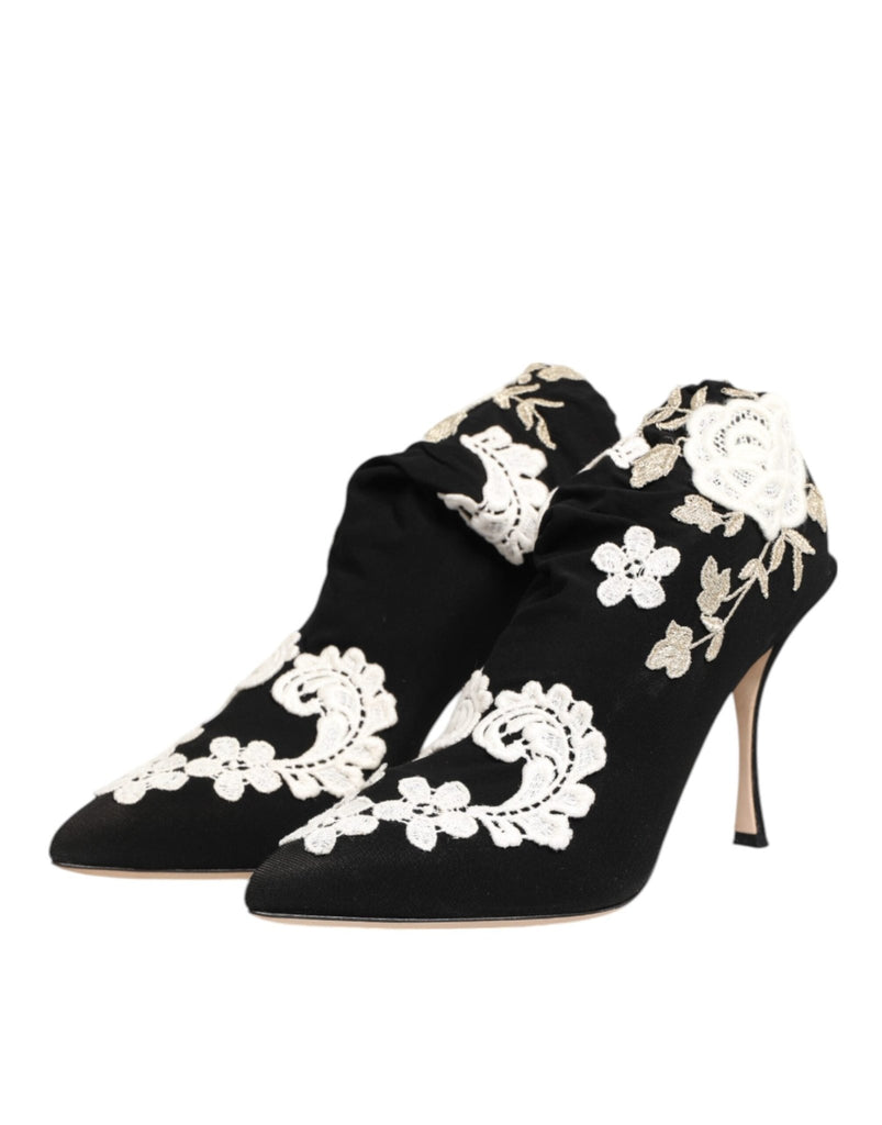 Dolce & Gabbana Black White Embroidered Jersey Stiletto Boots Shoes - Beyzy Store - Dolce & Gabbana