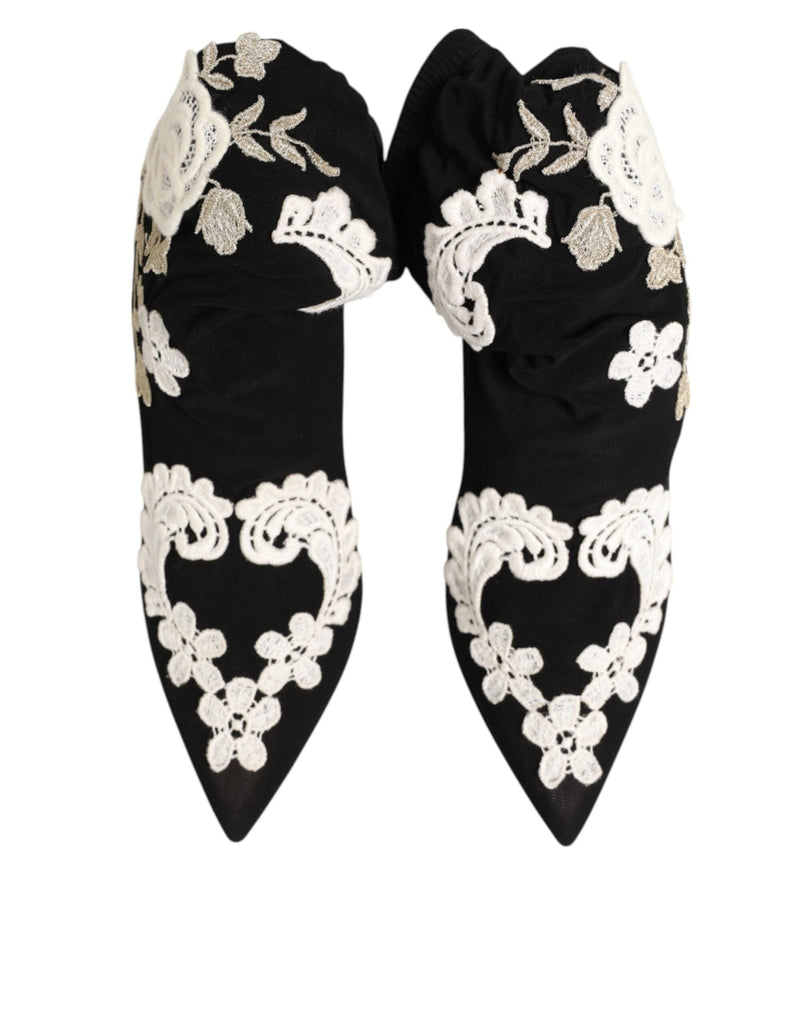 Dolce & Gabbana Black White Embroidered Jersey Stiletto Boots Shoes - Beyzy Store - Dolce & Gabbana
