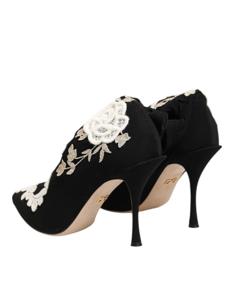 Dolce & Gabbana Black White Embroidered Jersey Stiletto Boots Shoes - Beyzy Store - Dolce & Gabbana