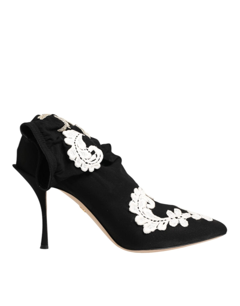 Dolce & Gabbana Black White Embroidered Jersey Stiletto Boots Shoes - Beyzy Store - Dolce & Gabbana