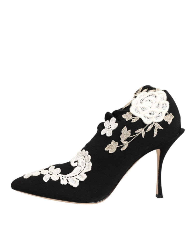 Dolce & Gabbana Black White Embroidered Jersey Stiletto Boots Shoes - Beyzy Store - Dolce & Gabbana