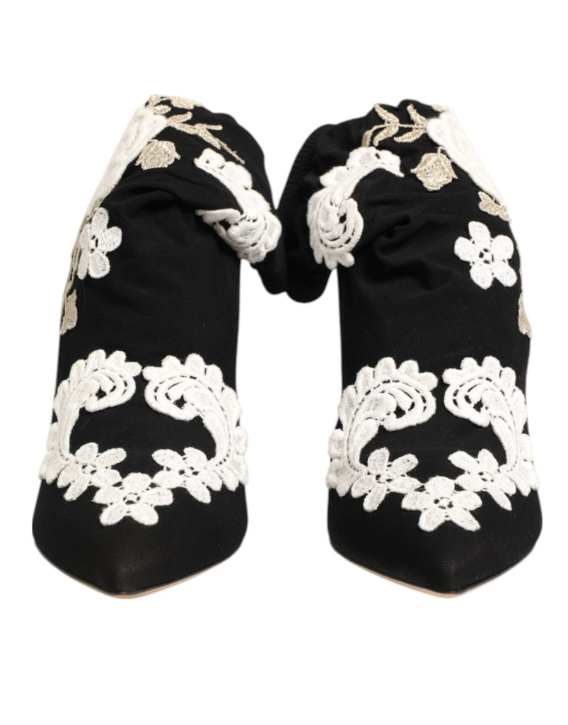 Dolce & Gabbana Black White Embroidered Jersey Stiletto Boots Shoes - Beyzy Store - Dolce & Gabbana