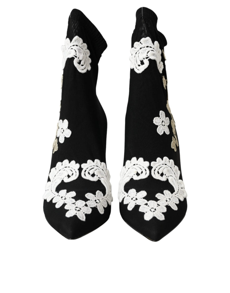 Dolce & Gabbana Black White Embroidery Slip On Boots Shoes - Beyzy Store - Dolce & Gabbana
